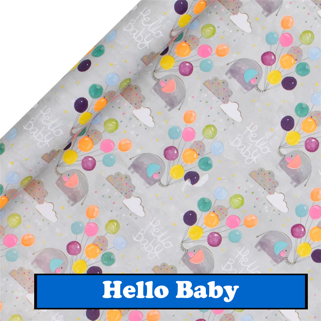 grey wrapping paper with balloons, clouds, elephants and hello baby on it